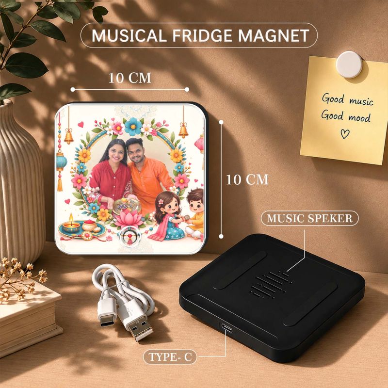 Personalized Raksha Bandhan Theme Musical Fridge Magnet Music Player Rakhi Gift for Sister Brother & Siblings Memorable Gift Rechargeable Battery